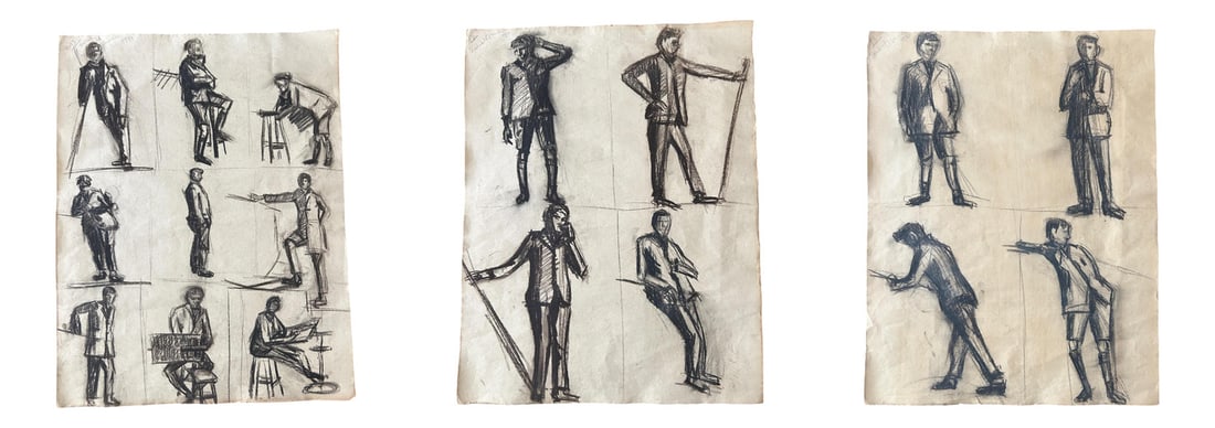 Unknow, Untitled, 1924, Charcoal on Paper, Set of 3: Superb set of three charcoal sketches created in 1924, depicting studies of men. The confident and expressive lines reveal a fine mastery of academic drawing and a great sensitivity to movement and li