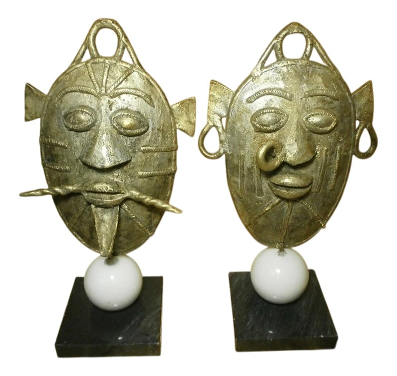 After Evans, Statuettes, 1970s, Bronzes on Marble Bases: Two exceptional sculptural works of art, made in the brutalist style, bronze on a two-tone marble base. In the style of the artist Paul Evans, with initials incised on the bases. In impeccable,