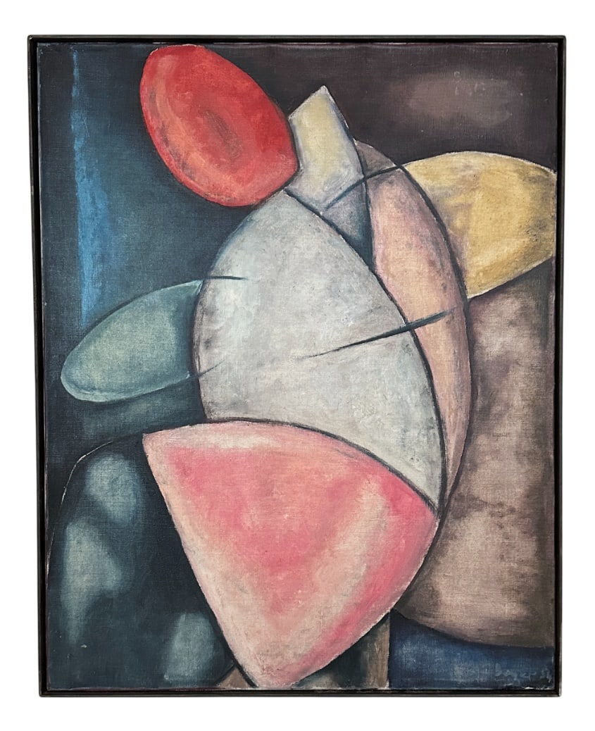 Bayer, Abstract Geometric Composition, 1954, Oil: This striking abstract oil on canvas, signed Bayer and dated 1954, exemplifies the refined visual language of postwar European modernism. The composition is built from overlapping geometric and