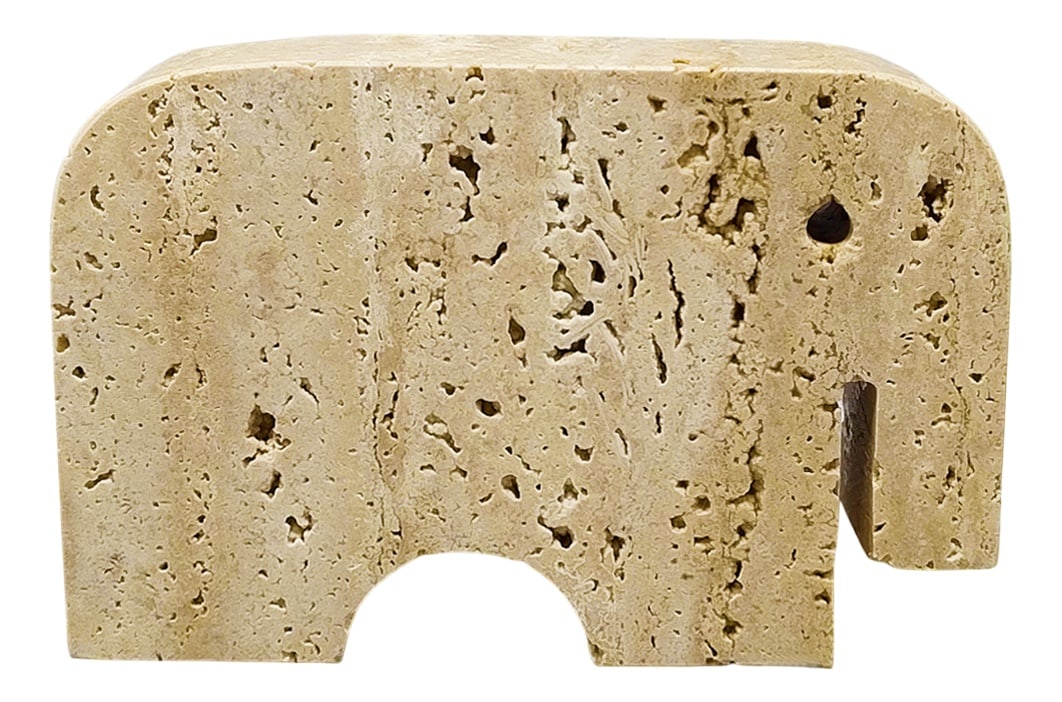 Elephant Sculpture by Mari for F.lli Mannelli, 1970s: 1970s Original big travertine elephant sculpture by Enzo Mari for F.lli Mannelli. The item is in excellent condition. Made in Italy.Dimension:5,51 w x 1,18 D x 3,93 H inchesL 14 cm x P 3 cm x cm 10 H