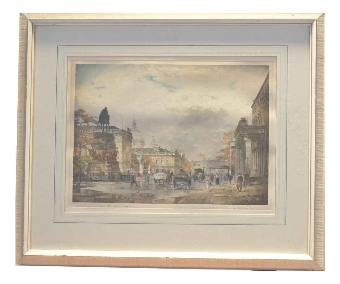 R, einhard BartschUnter den Linden, 1960, Lithograph: Classical Berlin Scene: "Unter den Linden" Color lithograph by Reinhard Bartsch, signed in the stone and with pencil signature in the sheet, framed in old style with passe-partout and interchangeable