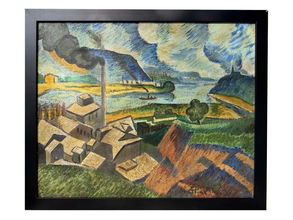 Large Expressionist Factory Painting, Poland: It has been framed so that the original inscriptions on the back of the work can be read. Country of Manufacture: Poland Design Period: 1890 to 1919 Production Period: 1890 to 1919 Restoration and