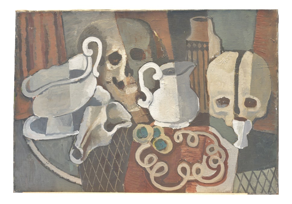 Still Life, Signed Wolf, 1953: An oil painting in the style of George Braque's still lifes, executed in the early 1950s. An existentialist still life rendered in very muted colors. Oil on canvas stretched on a wooden frame. Minor