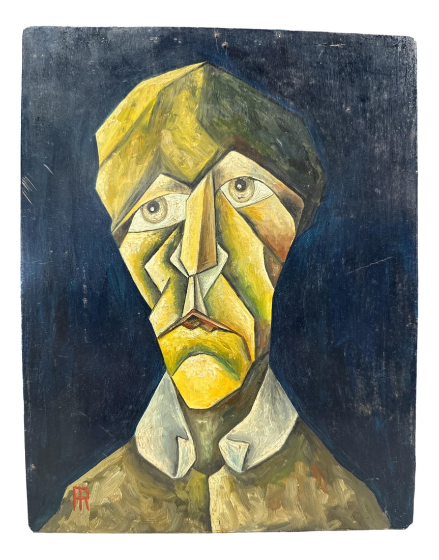 Alain Rigollier, Cubist Portrait, Oil on Wood, 1990s: Country of Manufacture: France Design Period: 1990 to 1999 Production Period: Unknown Restoration and Damage Details: Light wear consistent with age and use Detailed Condition: Good — This