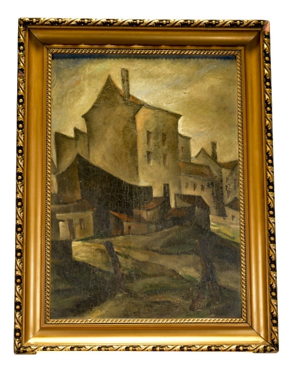 City View Berlin Street, 1925, Oil on Cardboard, Framed: Expressionistic Architectural scene. dark mood, trees are cut or burnt down. This impressive painting was made in berlin in the 1920 when they made the famous movies Nosferatu, The Cabinet of Dr.