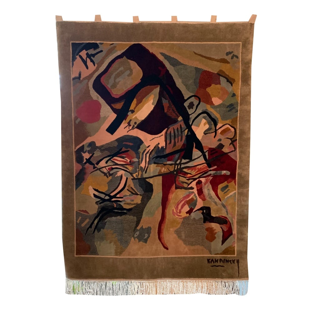 Silk Wall Rug after Painting by Kadinsky: Wonderful silk wall rug after the work "with the black arc" after Kandinsky and signed (see detail photo). Modern work in wool and silk on cotton frame. Very rich palette of colors. Fixing legs for
