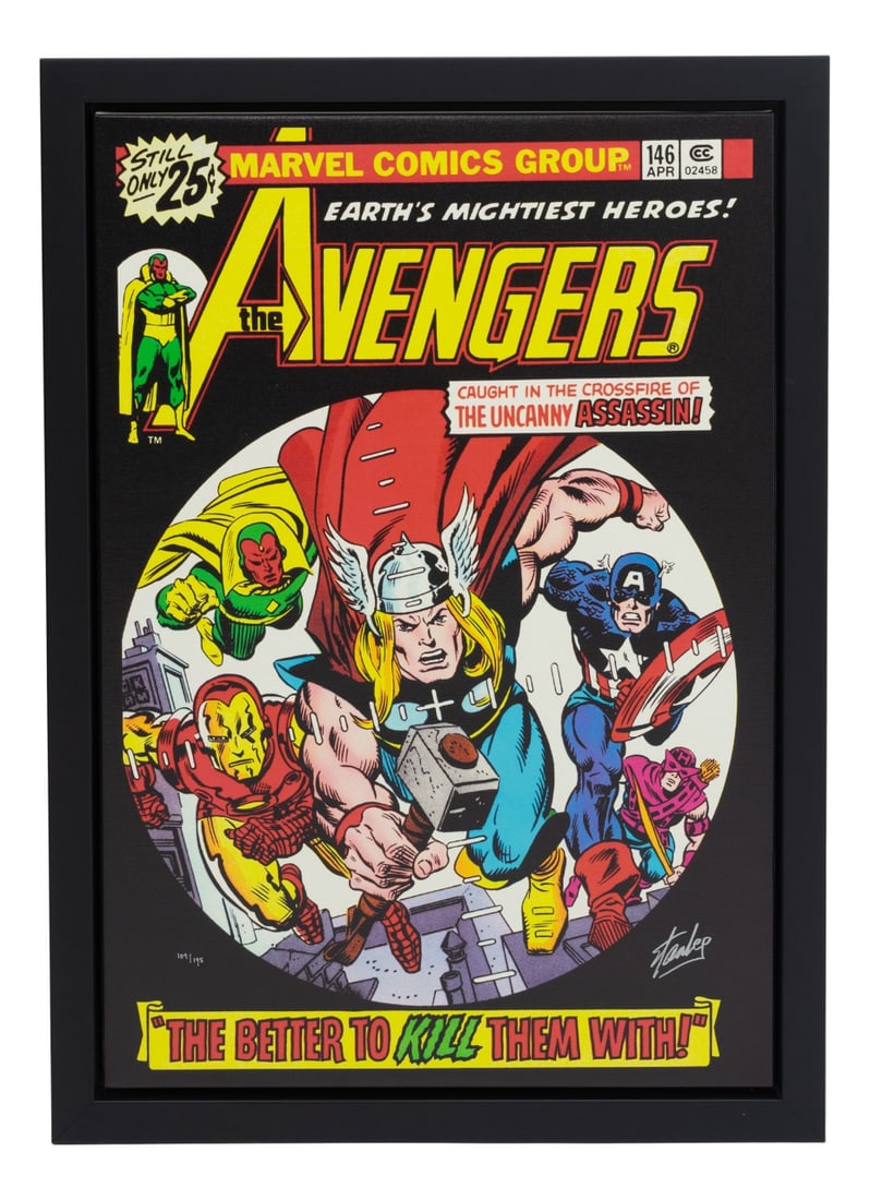 Stan Lee, The Avengers #146, Art Print: A limited edition boxed canvas, signed and numbered by Marvel Comics legend Stan Lee.Excellent investment value.Unframed size69.9cm x 101.6cm Country of Manufacture: United Kingdom Design Period: