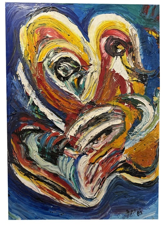 S. Badia, Cobra Movement, 1989, Oil on Canvas: His technique is similar to that of Karel APPEL, the very thick material is placed as if bruised on the canvas and its colors are vibrant. Country of Manufacture: France Design Period: 1980 to 1989