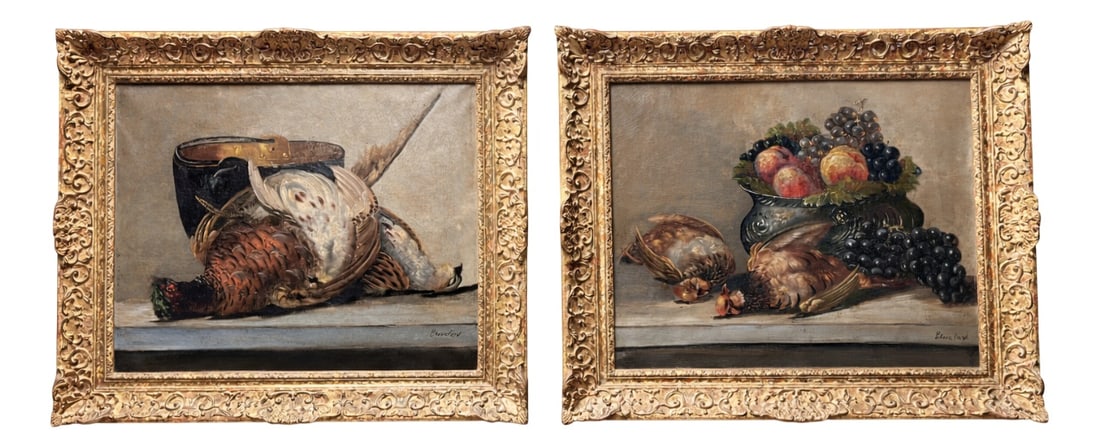 Chevalard, Still Lifes with Game & Fruit, Oil, Set of 2: Pair of matching paintings by French painter André Chevalard, an artist renowned for his still lifes and hunting scenes in the figurative tradition of the 20th century.These two oil on canvas