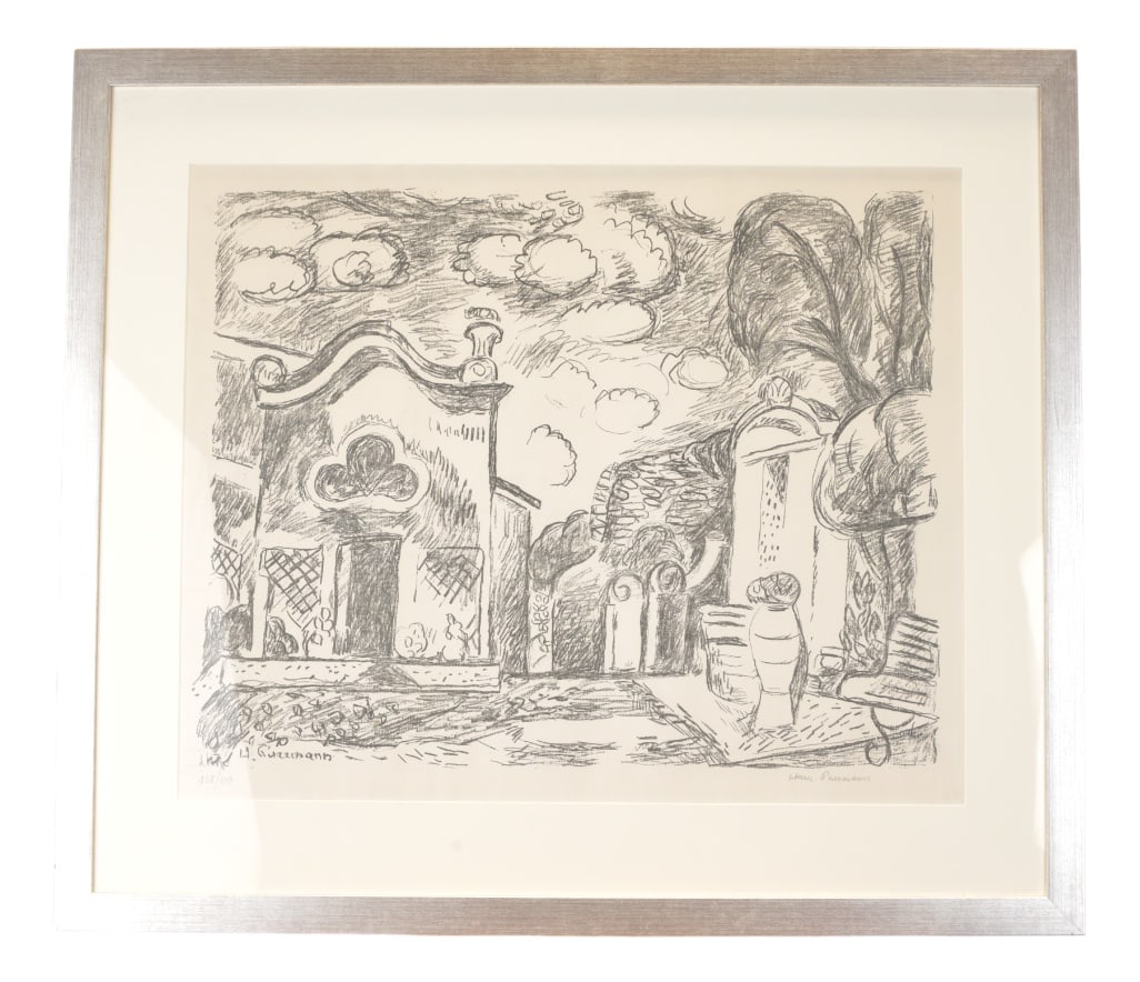 H. Purrmann, Chapel & Fountain in Levanto, Lithograph: Hans Purrmann (1880–1966) was a significant German painter and graphic artist of classical modernism. As a favorite student and close friend of Henri Matisse, he shaped German Expressionism