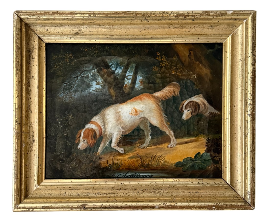 Hunting Scene with Two Dogs, 1820, Oil on Canvas: A finely executed Biedermeier oil painting from the 1820s, depicting a tranquil hunting scene with two dogs. Painted with meticulous detail, the composition captures the animals in a woodland