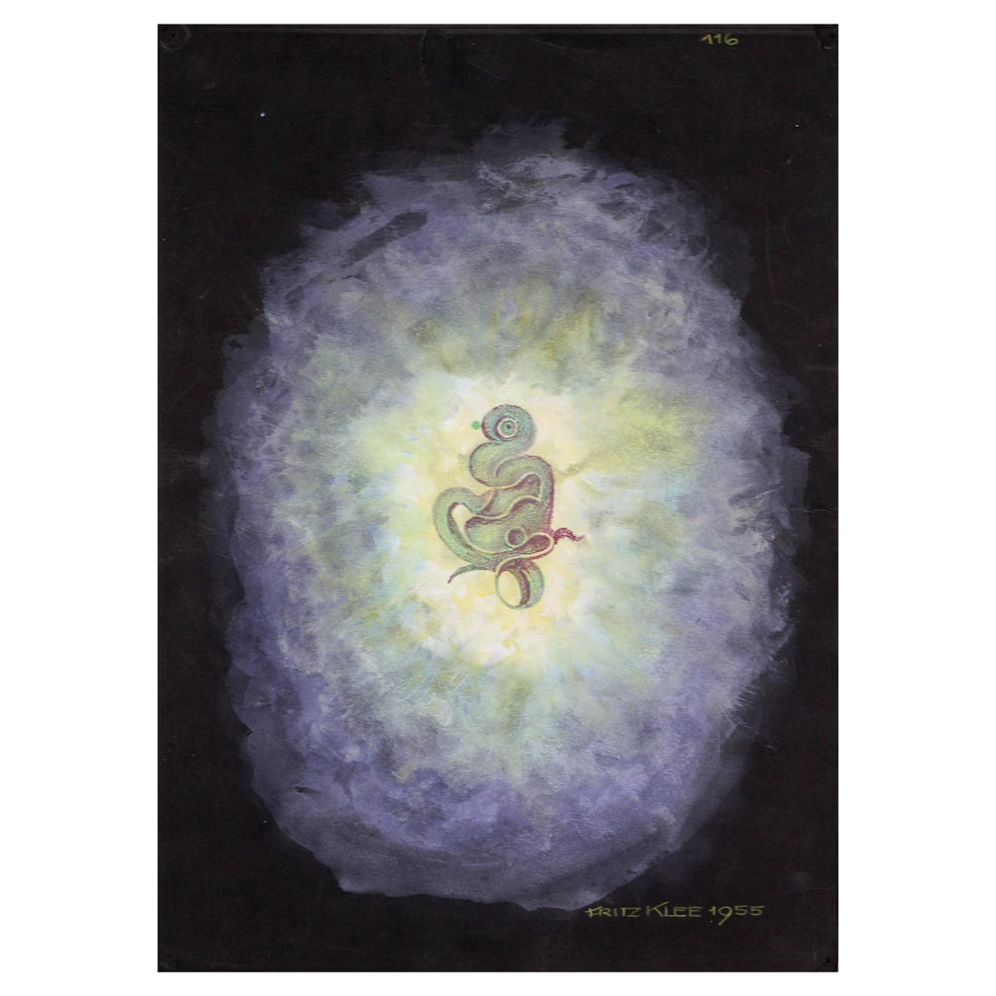 Fritz Klee, Abstract Composition, Germany, 1955: A striking abstract organic drawing on black paper, composed in strong, luminous colors. Executed in colored pencil, signed and dated ‘Fritz Klee, 1955’, and numbered. The composition show