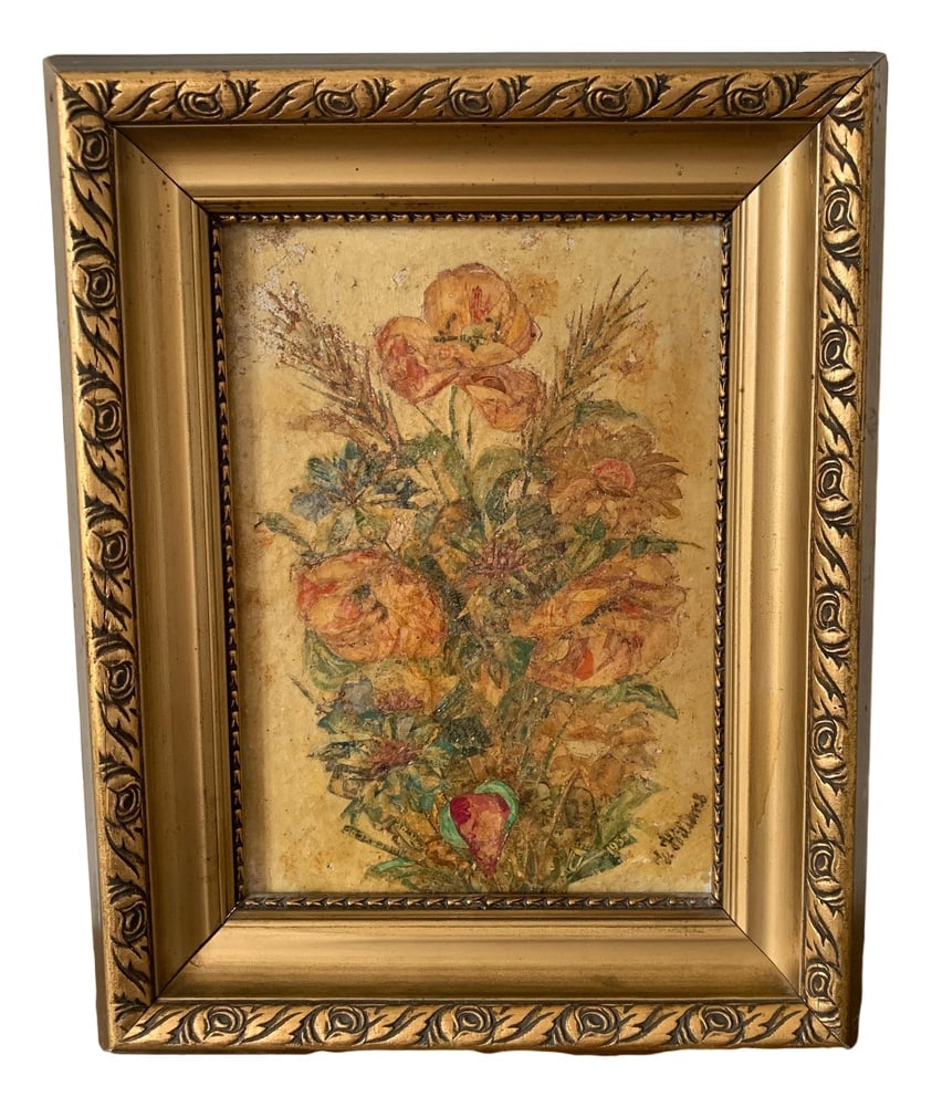 Floral Still Life, 1935, Mixed Media, Framed: Lovely, original mixed-media painting using the stamped collage process, signed and dated. Design Period: 1920 to 1949 Production Period: 1930 to 1939 Detailed Condition: Excellent — This