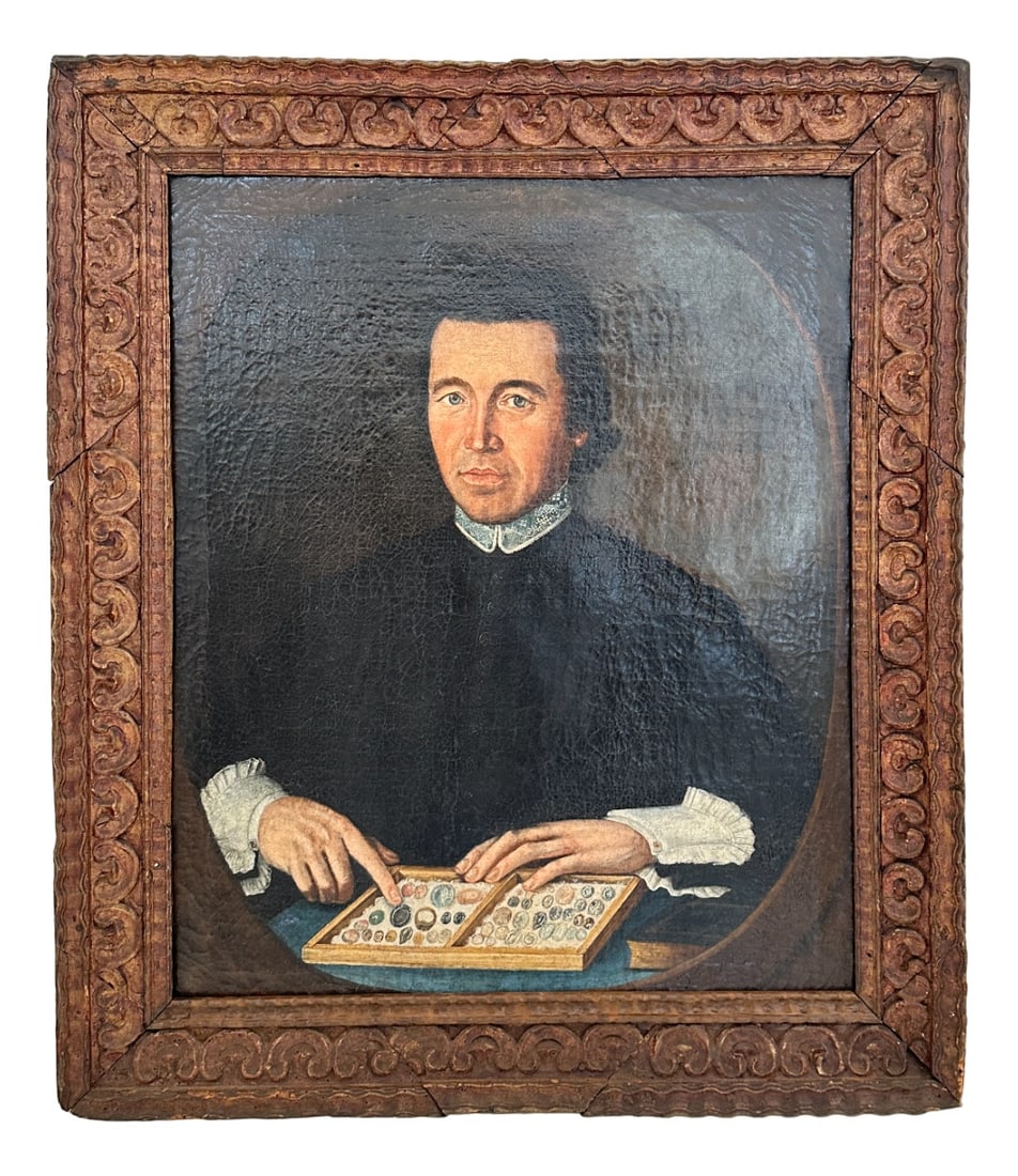 Thomas Höchsmann, Stone Trader, 1783, Oil, Framed: This 18th-century Baroque oil painting by Thomas Höchsmann, dated 1783, vividly portrays a stone trader in a moment of candid activity. The artwork exemplifies the Baroque style with its