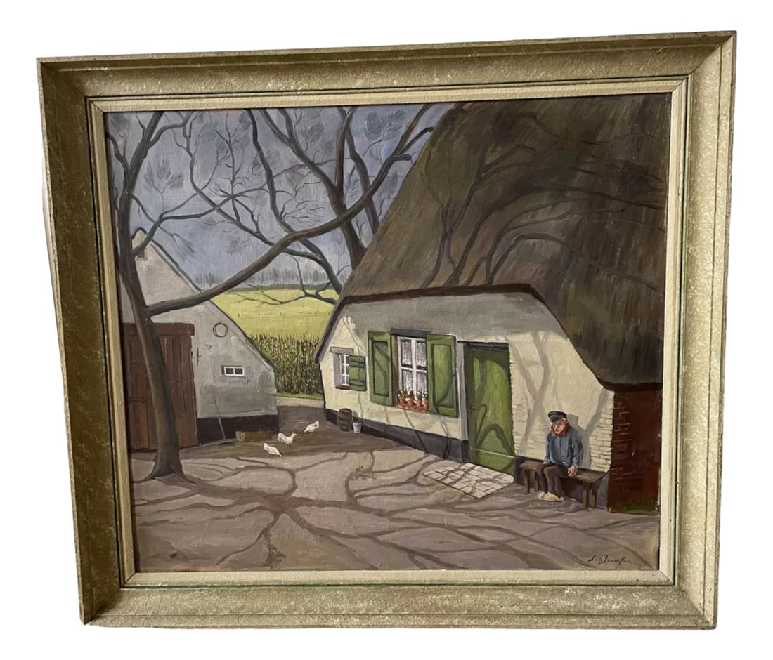 Farm View, 1890s, Oil on Canvas: Large oil on canvas "farm view", charming and naive, it exudes a lot of cheerfulness and freshness. Design Period: 1890 to 1919 Production Period: 1890 to 1919 Detailed Condition: Excellent —