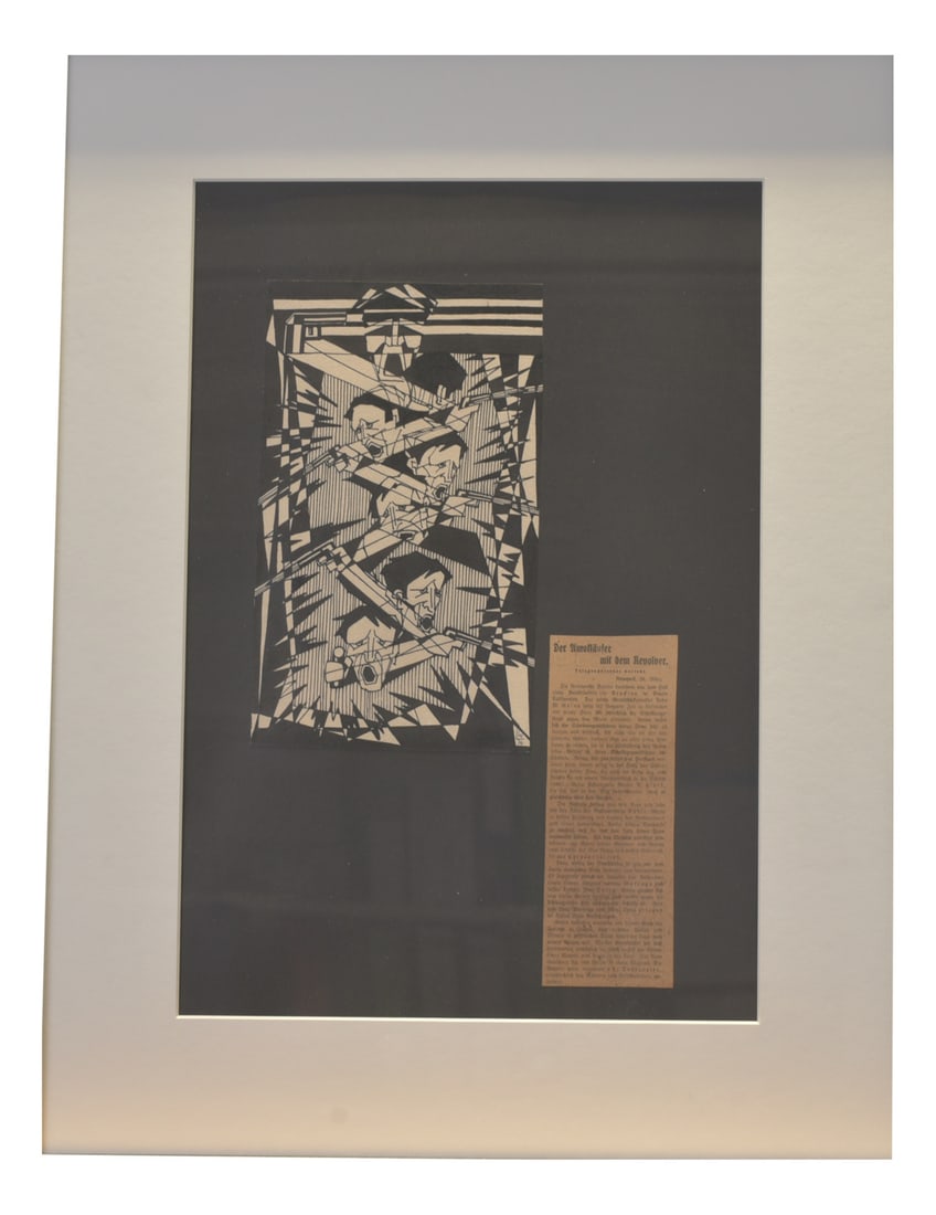 The Gunman with the Revolver, Ink Drawing, 1927: A berlin State Attorney took gruesome Stories out of the newspaper and did Ink payintings to illustrate the text. Very well done, in the abstract expressionistic style of that time. Framed with passep