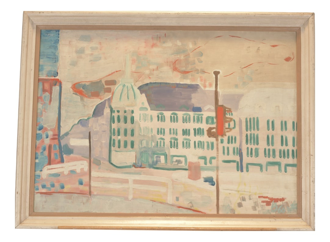 Oil Painting, Cityscape: Spandau, 1960s: Oil painting of a cityscape in naive realism, "Spandau." Monogrammed B 60 in the lower right corner. Pale, almost impasto paintwork. In its original period wooden frame. Rough, repetitive brushstrokes