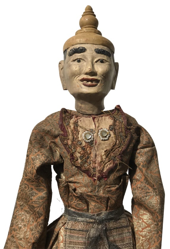 Myanmarese Doll in Brown Robes and Hat: Discover cultural heritage with this antique Myanmarese puppet doll—a beautifully crafted piece once used in traditional puppeteering, brimming with history and artistic detail. Country of