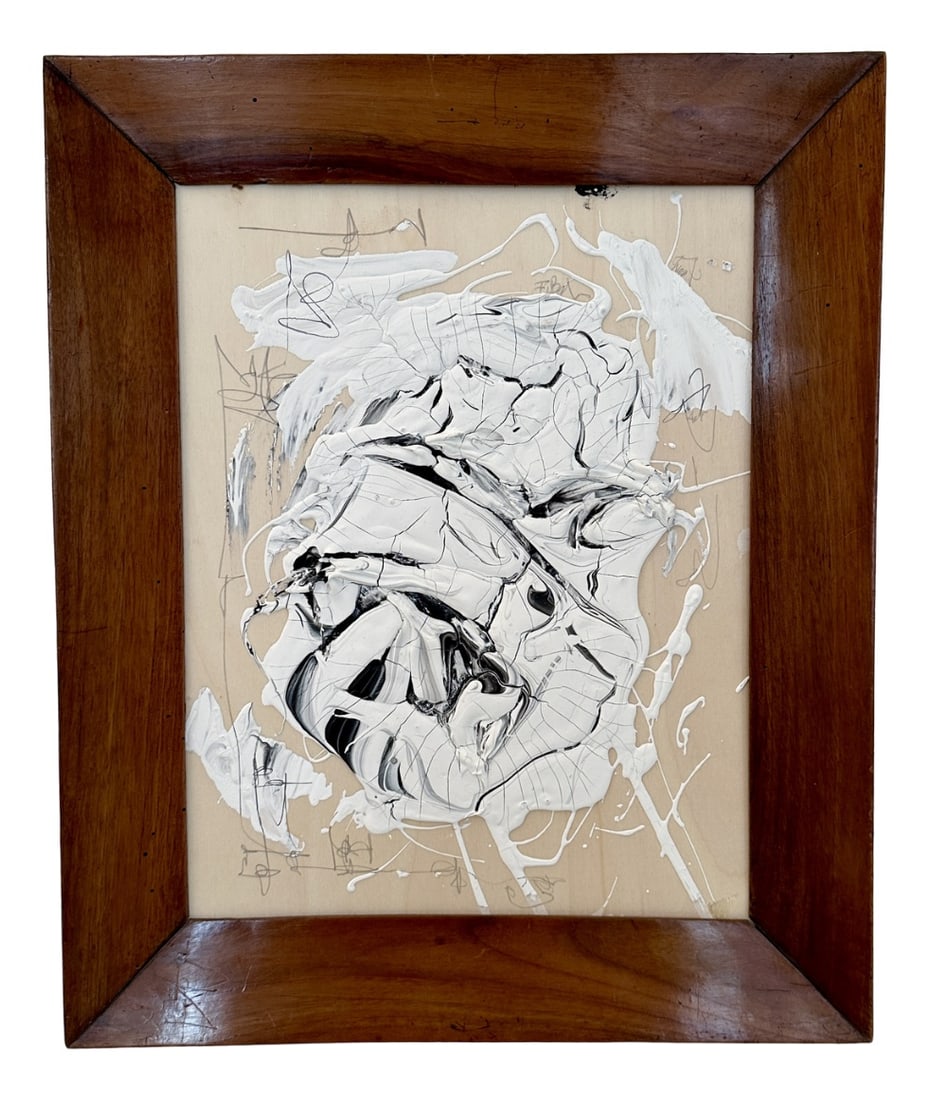 Bachmann, Abstract Composition, Mixed Media, Framed: This beautiful Contemporary Abstract Painting on Canvas in Black and White by Felix Bachmann was made 2023. The pieces is painted on plywood with acrylic, pencil and chalk. It comes framed in a