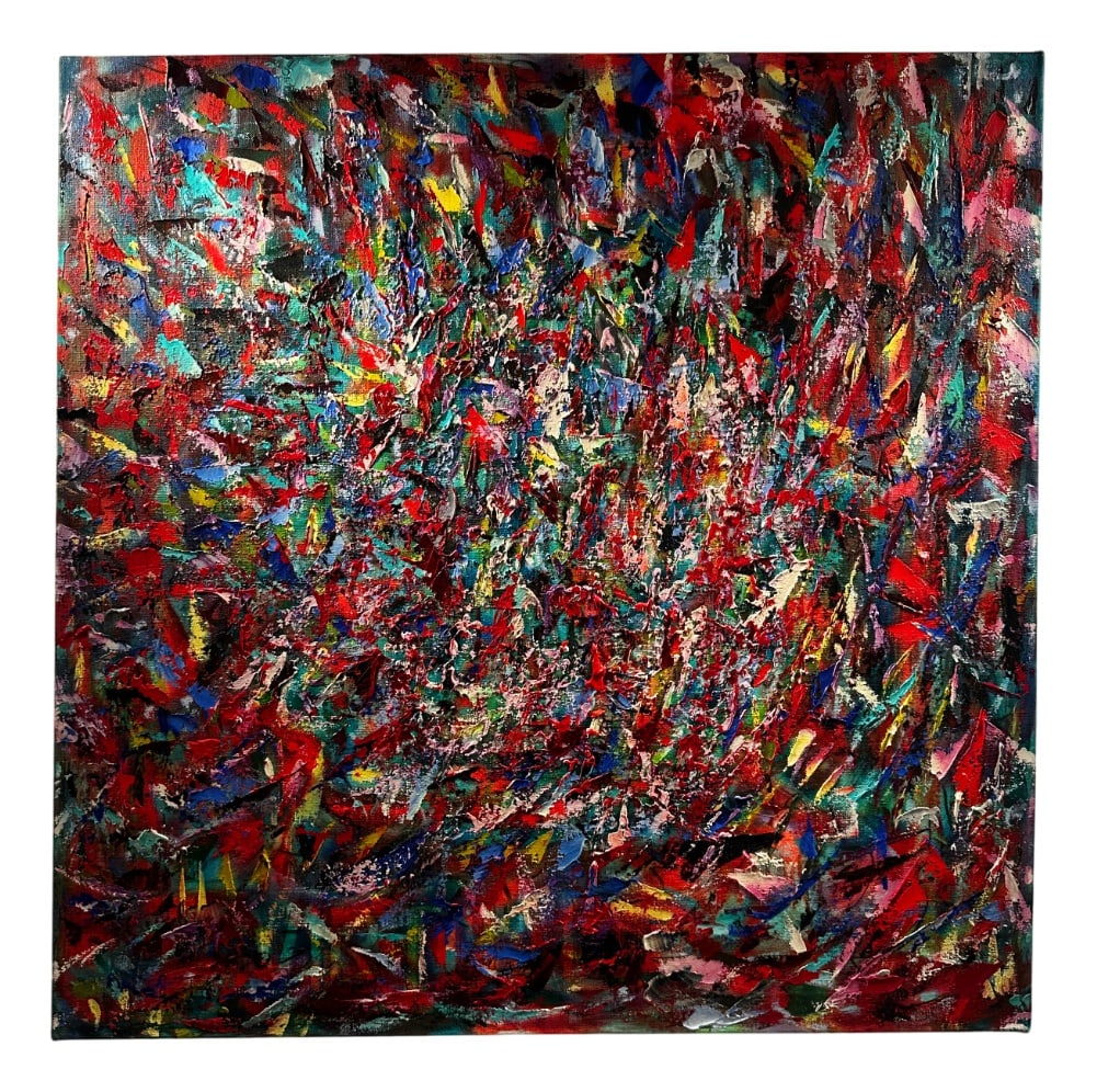 Jon Atac, Expressions, 1990, Large Oil on Canvas: This large abstract expressionist painting by Jon Atac, created in 1990, is a bold and dynamic composition of blue, green, yellow, and red, reflecting the artist’s signature energy and