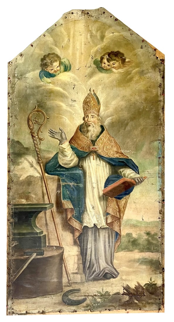 Saint Eligius, 1790, Large Oil on Canvas: Monumental French religious painting depicting Saint Eligius, circa 1790, from the Abbey of Bonnefontaine. A rare survivor of the French Revolution — faith and craftsmanship in perfect
