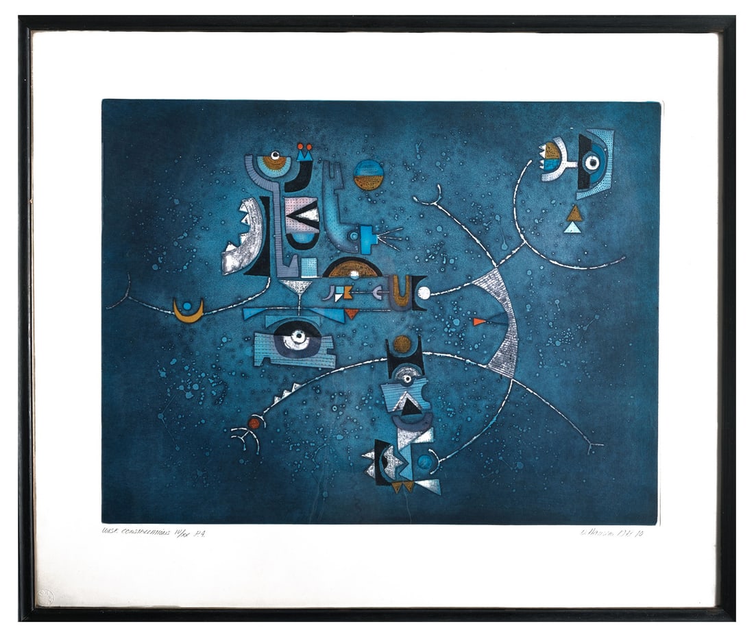 Diana Hansen, Wise Constellation, Lithograph, 1970s: Lithography "Wise Constellations" by Diana Hansen, 1978.Artist proof edition numbered IV/XX, signed in pencil by the artist and blind stamp of the printer. Country of Manufacture: United States