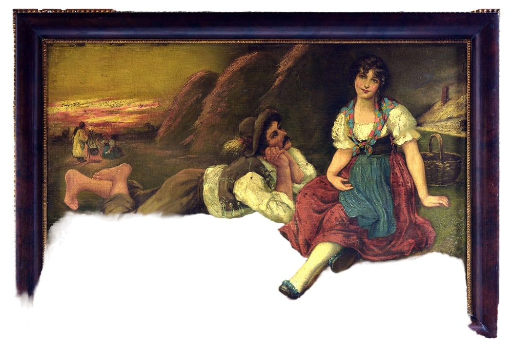 E. De Blasi, Romantic Scene, Early 1900s, Oil on Canvas: Very enchanting and suggestive vintage oil on canvas from the first years of the 20th century.Set on a mahogany burl wooden frame, the canvas was sheathed during the 60's.Painting size cm.56x86