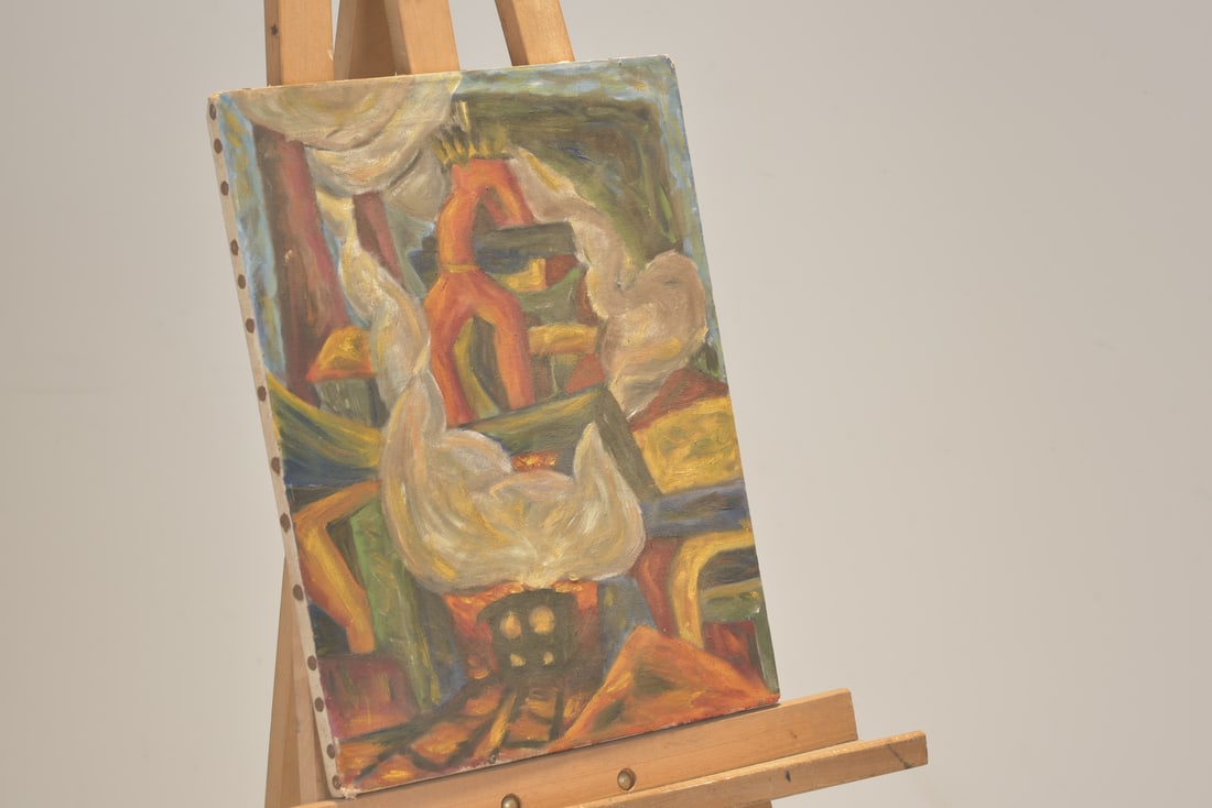 Oil Painting, 1920s, Locomotive Under Blast Furnace - 3