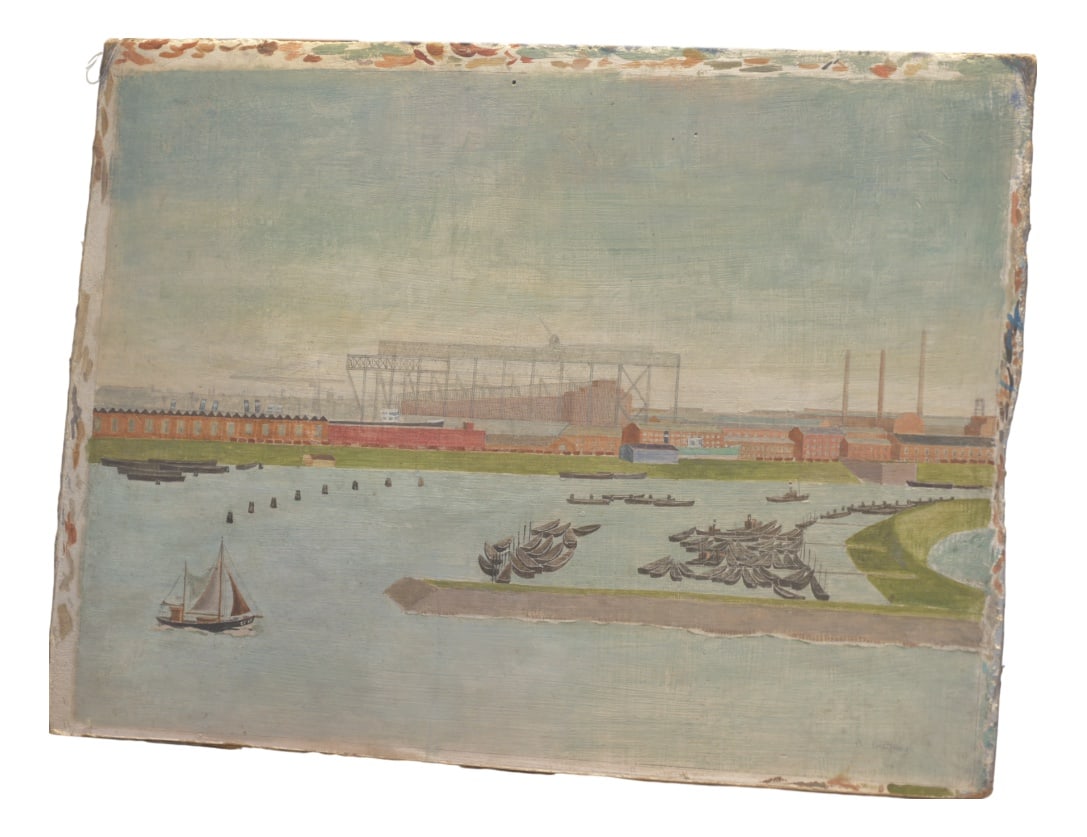 Hamburg Harbor, Around 1910, Oil on Cardboard: Realistic depiction of the Port of Hamburg around 1910. with pencil and oil paints on cardboard, signed in Sütterlin script at the bottom right, A. Luxemburg. Country of Manufacture: Germany