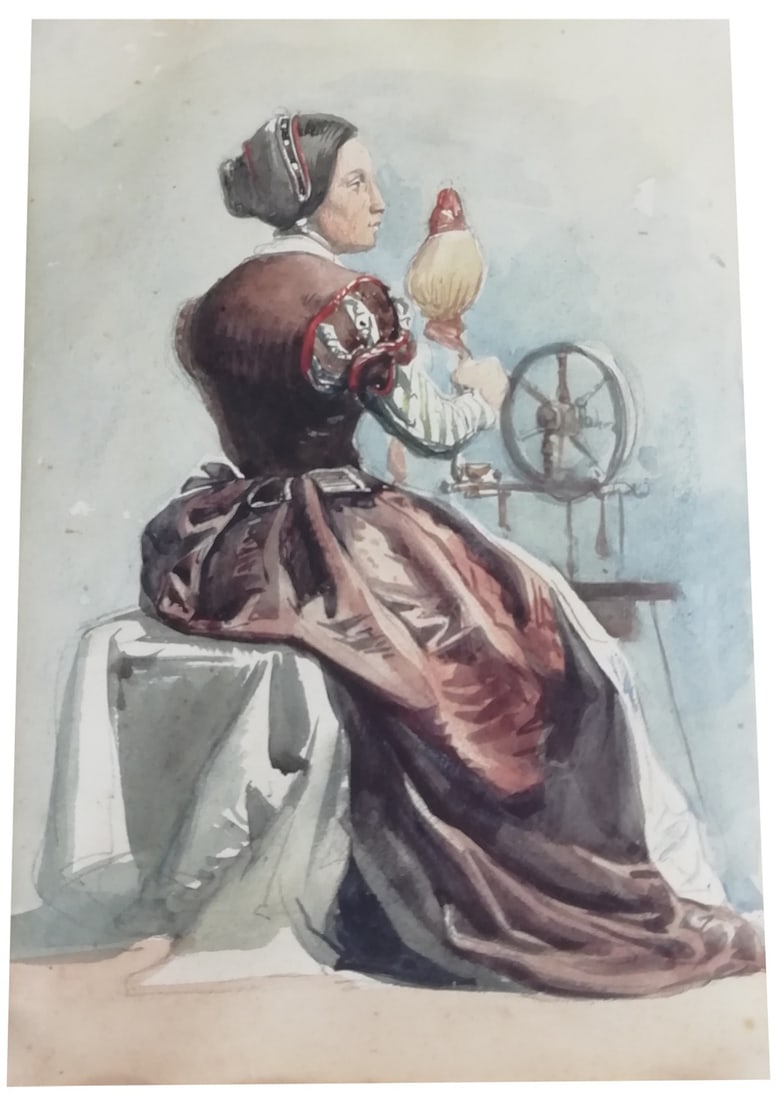 Woman Working at the Spinning Wheel, 1800s, Watercolour: Watercolor on paper of excellent execution depicting a woman spinning with an antique spinning wheel.Genre subject by an anonymous artist.Possibly part of a watermark in one corner of the paper.Good