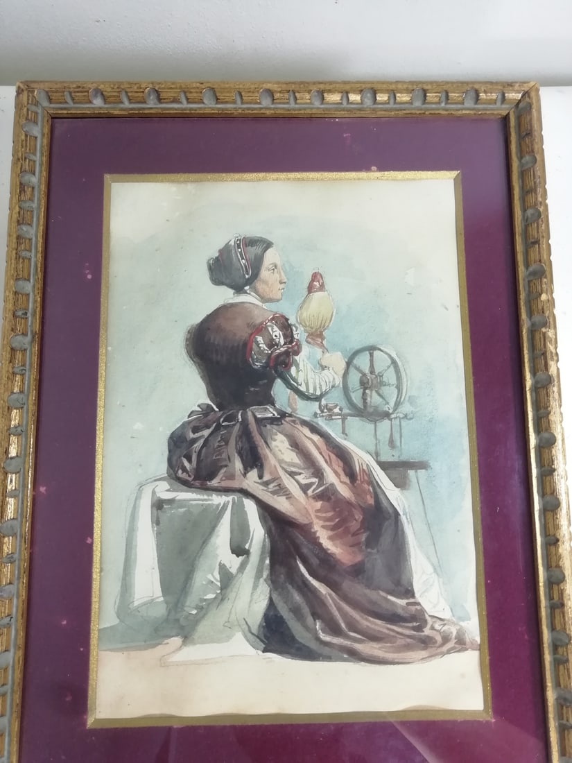 Woman Working at the Spinning Wheel, 1800s, Watercolour - 2