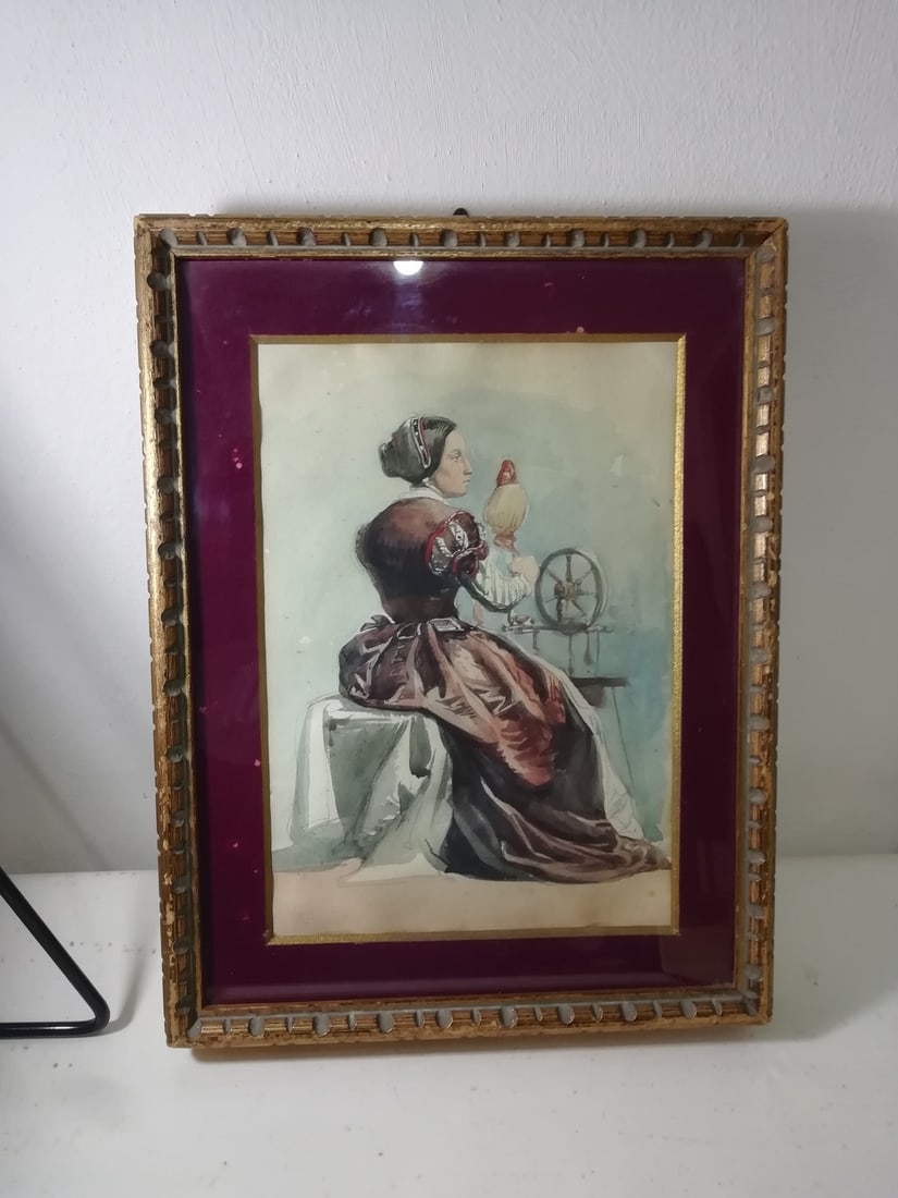 Woman Working at the Spinning Wheel, 1800s, Watercolour - 3