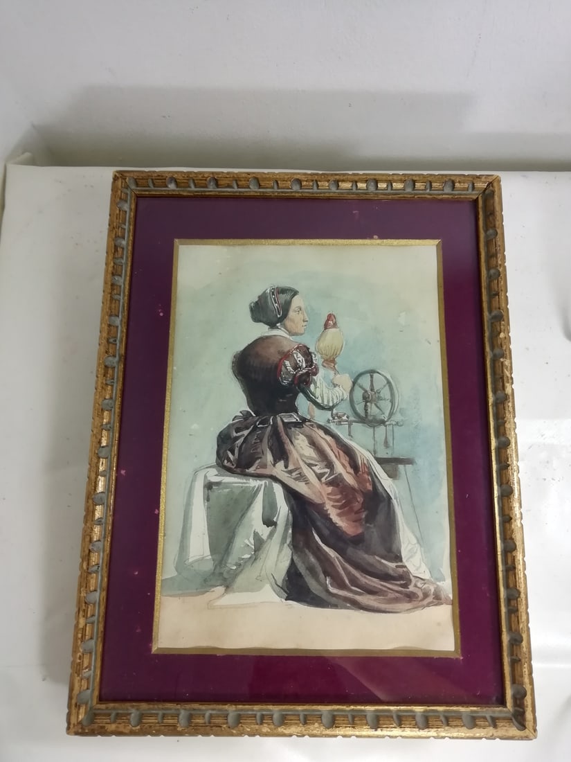 Woman Working at the Spinning Wheel, 1800s, Watercolour - 4
