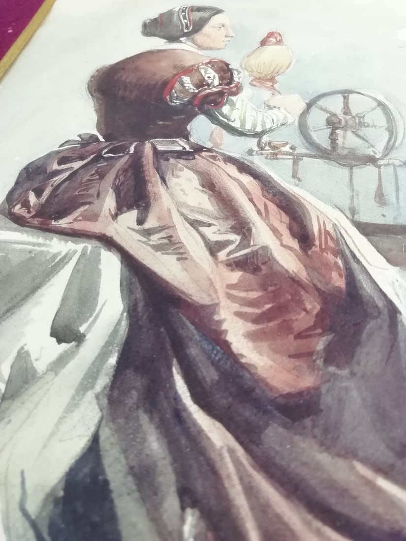 Woman Working at the Spinning Wheel, 1800s, Watercolour - 5