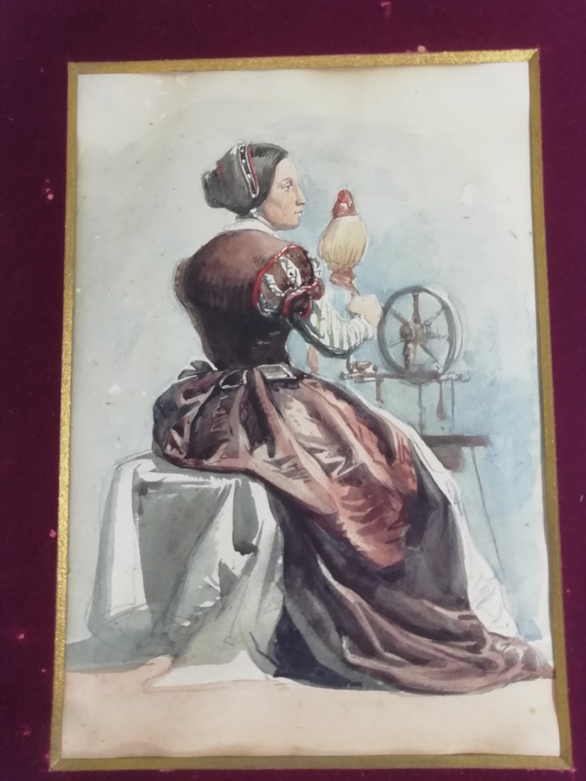 Woman Working at the Spinning Wheel, 1800s, Watercolour - 7