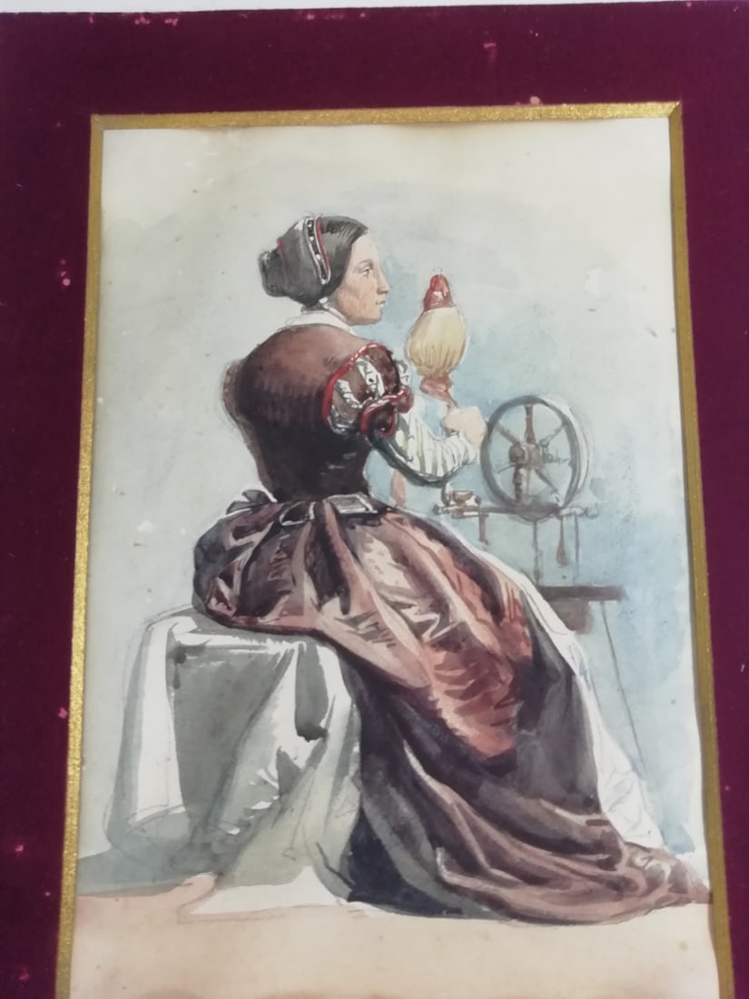 Woman Working at the Spinning Wheel, 1800s, Watercolour - 8