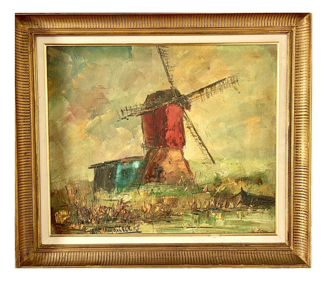 Roger Vandenbulcke, Windmill, 1950s, Oil on Canvas: Franco-Belgian artist born in 1921 in Paris. The paint shows a red Dutch red mill.The canvas is framed and in very good condition.The painter signed downwards and back on the canvas.Vandenbulcke was