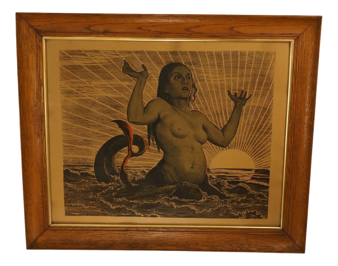 Hans Thoma, Mermaid, Color Lithograph, 1890, Framed: from clock-face painter to favorite painter of the German folk, Hans Thoma 1839-1924 , had his first breakthrough in 1890 in Munich, Germany. Color lithography with Antique wooden frame. Country of