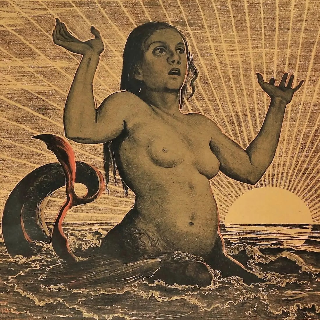 Hans Thoma, Mermaid, Color Lithograph, 1890, Framed - 4