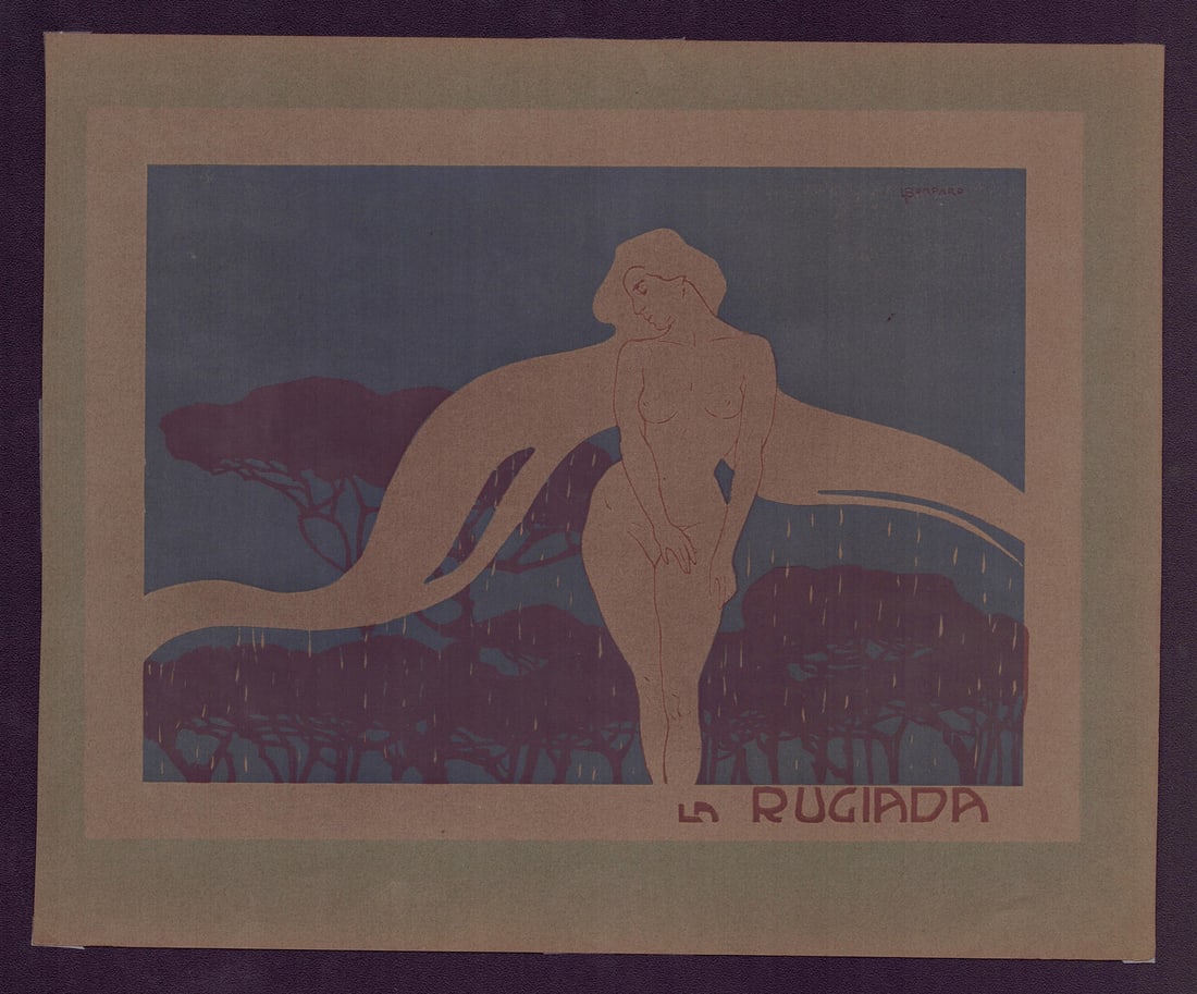 Luigi Bompard, La Rugiada, 1905, Woodcut: Luigi Bompard (1879 - 1953) - La Rugiada, 1905Xilografia a più colori, tratta da "Novissima. Albo annuale d'arte e lettere", Roma 1905. Firmata in lastra.Si tratta di una stupenda impressione a