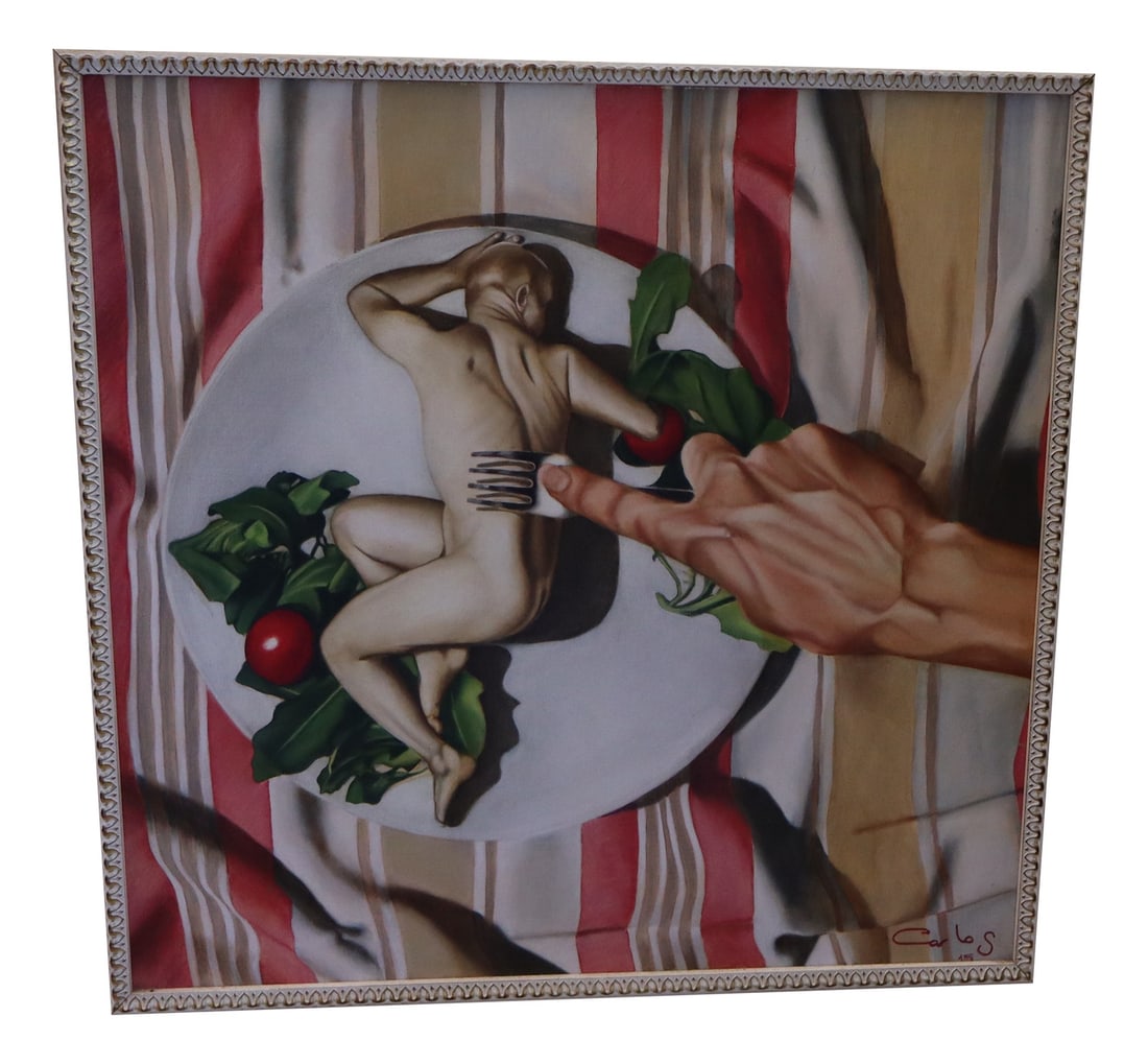 Carlos Tachi Audisio, Surrealist Composition, 2015: A beautiful, large work by Portuguese painter Carlos Tachi Audisio, produced in 2015 and purchased directly from the artist's collection. The large canvas depicts an almost hyperrealistic hand with a