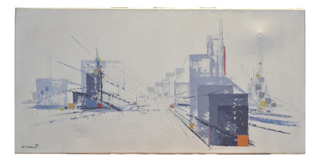 Abstract City Scene, Signed J.P. Collin '72: Abstract cityscape. Dynamic center of the image; the street scene draws the viewer in. Oil on canvas, wide format. Two pressure marks in the canvas. Country of Manufacture: Germany Design Period: