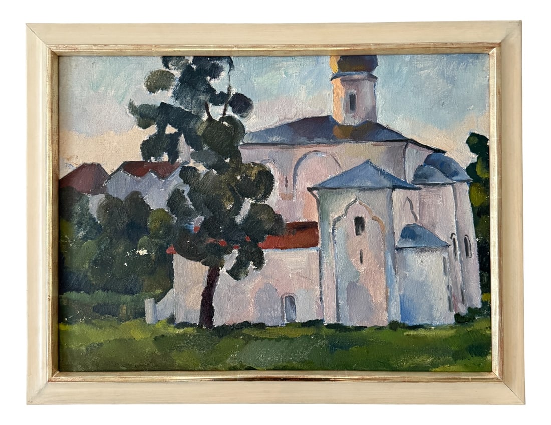 A. Isachjow, Night of Novgorod, 1974, Oil on Canvas: A captivating Russian oil painting titled “Night of Nowgorod” by Alexander Isachjow, dated 1974. Executed in the Realist style, the work depicts an architectural view of Novgorod, one of