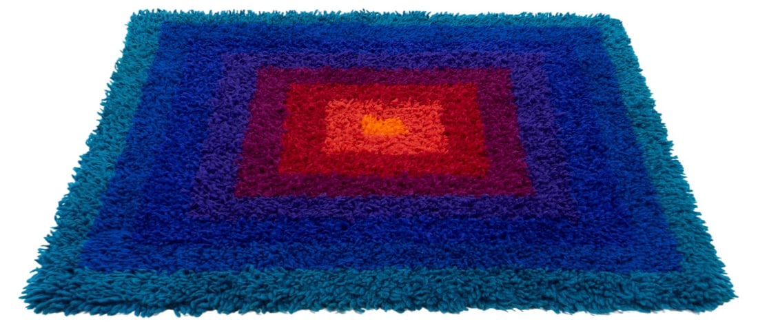 Square Rug Mira-Carré by Verner Panton, 1970s: Country of Manufacture: Switzerland Design Period: 1970 to 1979 Production Period: 1970 to 1979 Restoration and Damage Details: Light wear consistent with age and use Detailed Condition: Very Good