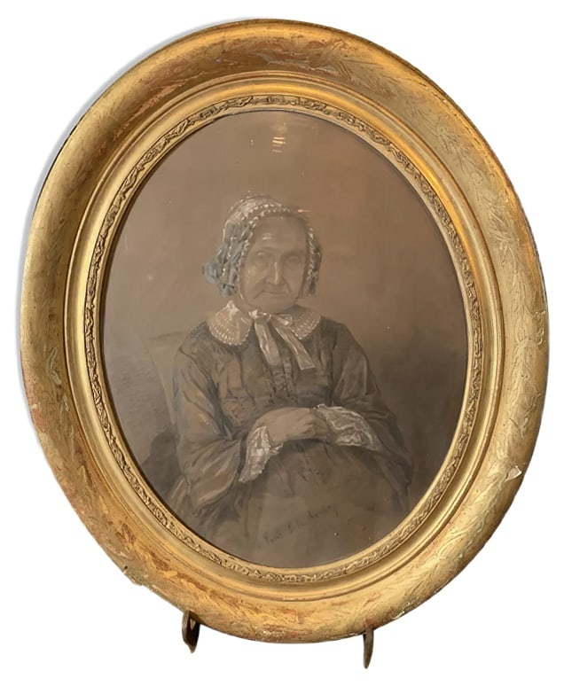 Portrait of a Woman, Framed: Original drawing of a lady's portrait in its beautiful gilded and stuccoed oval wooden frame. The portrait represents Angélique Parent, wife of Pierre Bonnet Design Period: before 1890 Detailed