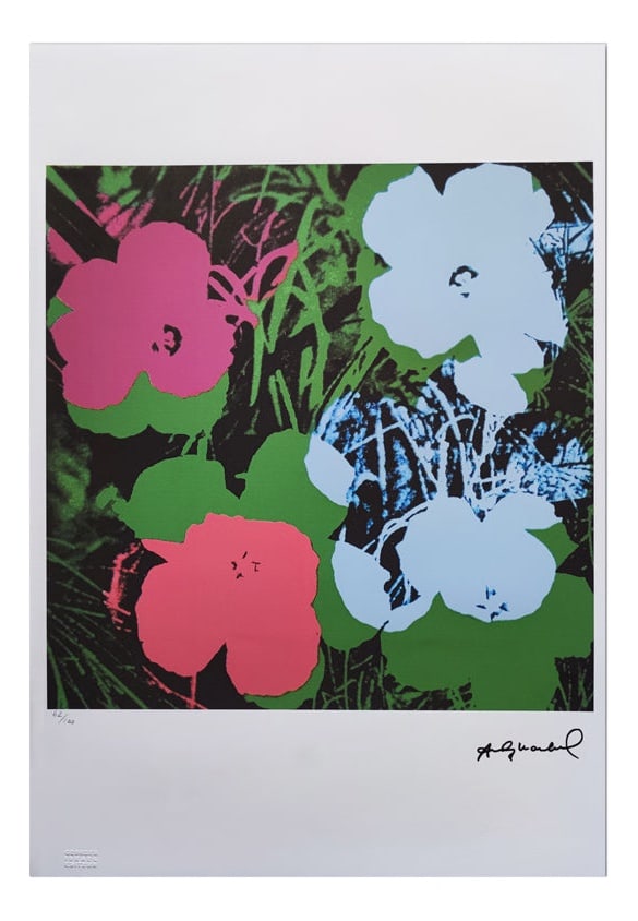 Andy Warhol, Flowers, Lithograph, 1980s: 1980s Gorgeous Andy Warhol "Flowers" Limited Edition Lithograph by Leo Castelli (1984).Number 62 of 100 (the numbers are signed in pencil)Contains the authorized impressed stamps "Leo Castelli Gallery