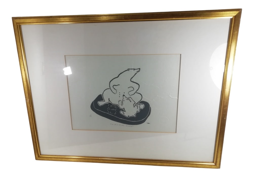 Lucassie Qumaluk, Motherhood, Woodcut, 1970s: Original Inuit woodcut on rice paper. This work represents, in a highly lyrical way, motherhood which is one of the themes dearest to artists of all time.In this case an animal motherhood represented