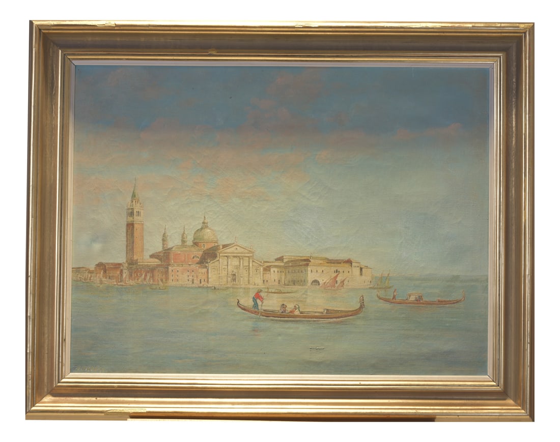 Venice with San Marco, Oil on Canvas, Gold Frame: A classic scene in Venice: from the LOAGUNE, the entrance to the Grand Canal with a view of Piazza San Marco and its architectural silhouettes. Gondolas are in the foreground. In the lower left, the i