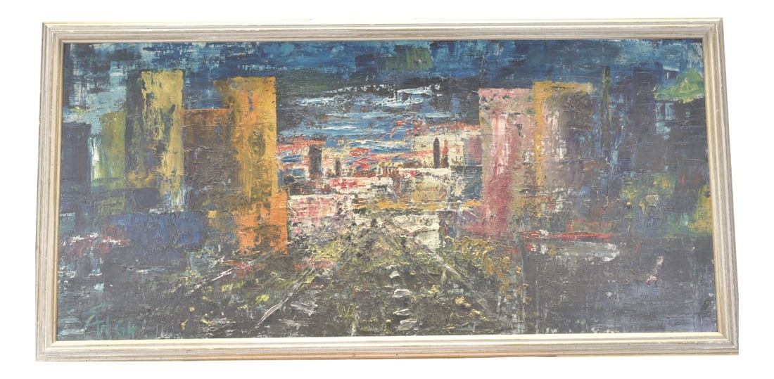 E.W., Abstract City, 1964, Oil: Oil painting in wide format. A sprawling, modern city. The colors, ranging from dark at the edges to a pulsating, glowing hue, draw the viewer into the city center. Abundant paint applied in rich,