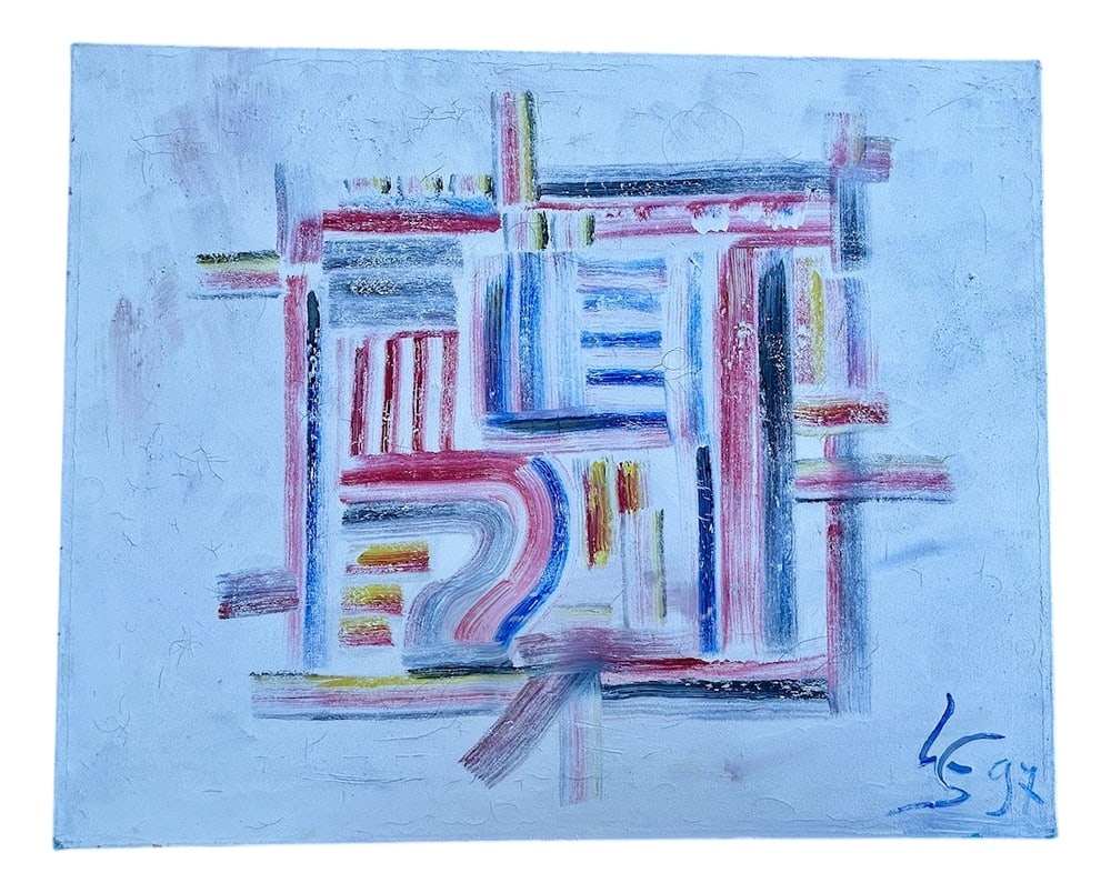 Abstract Composition, 1997, Oil on Canvas: Abstract oil on canvas dating from 1997, signed LSWork reminiscent of the modernist period of the 1930s Country of Manufacture: France Design Period: 1990 to 1999 Production Period: 1990 to 1999